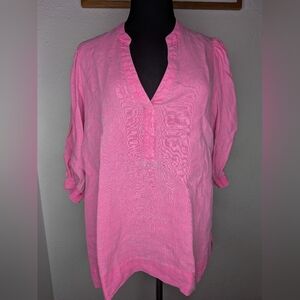 Lilly Pulitzer Mialeigh Elbow Sleeve Linen Blouse Resort Hot Pink Womens Size 8